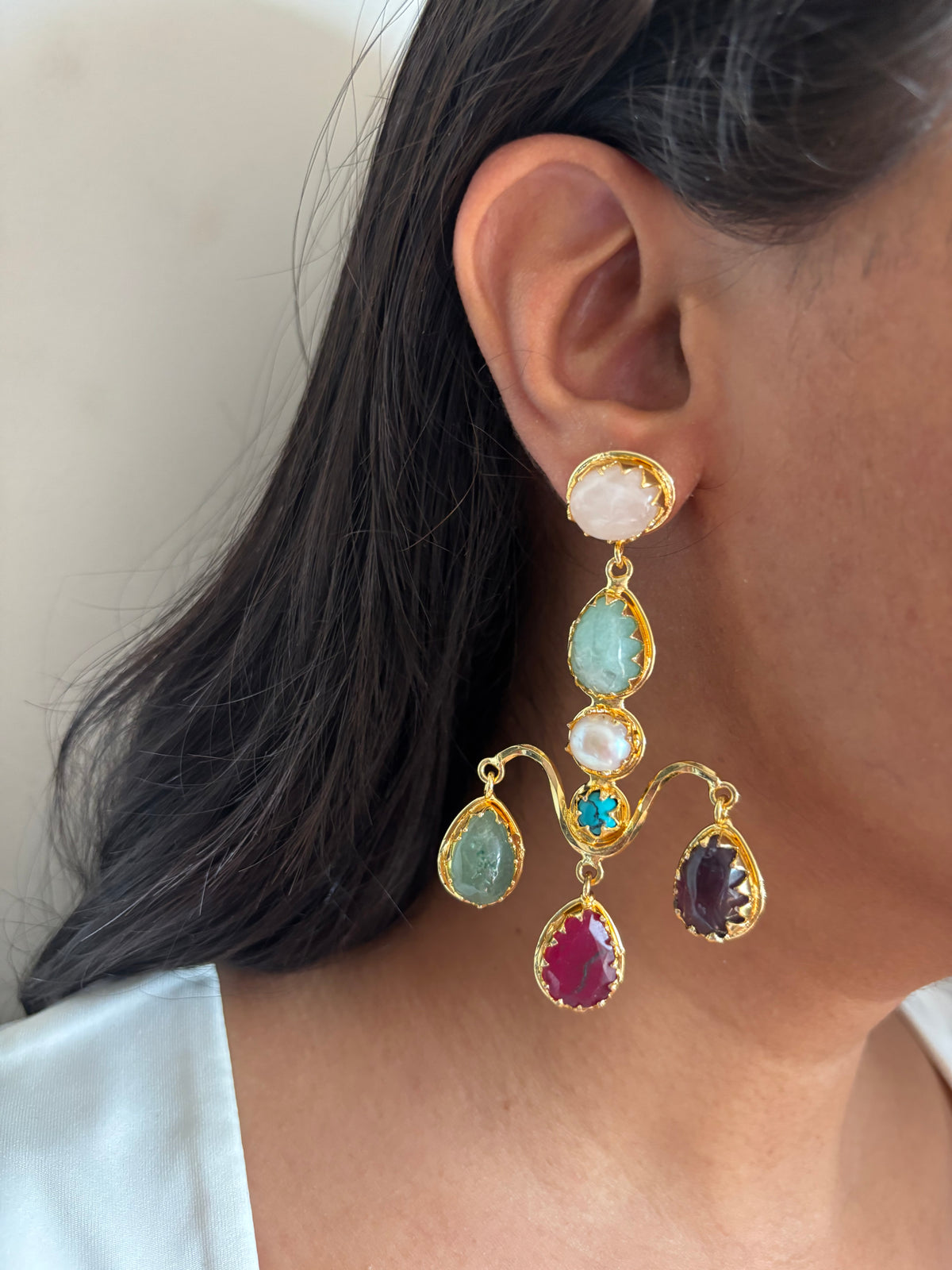 Ruby Chandelier Natural Stone Earring-Brass