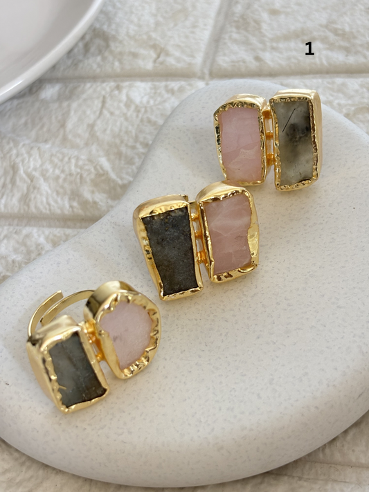 Duo Natural Stone Adjustable Ring - Brass