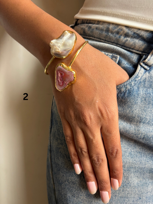 Baroque Geode Natural Stone Adjustable Cuff- Brass