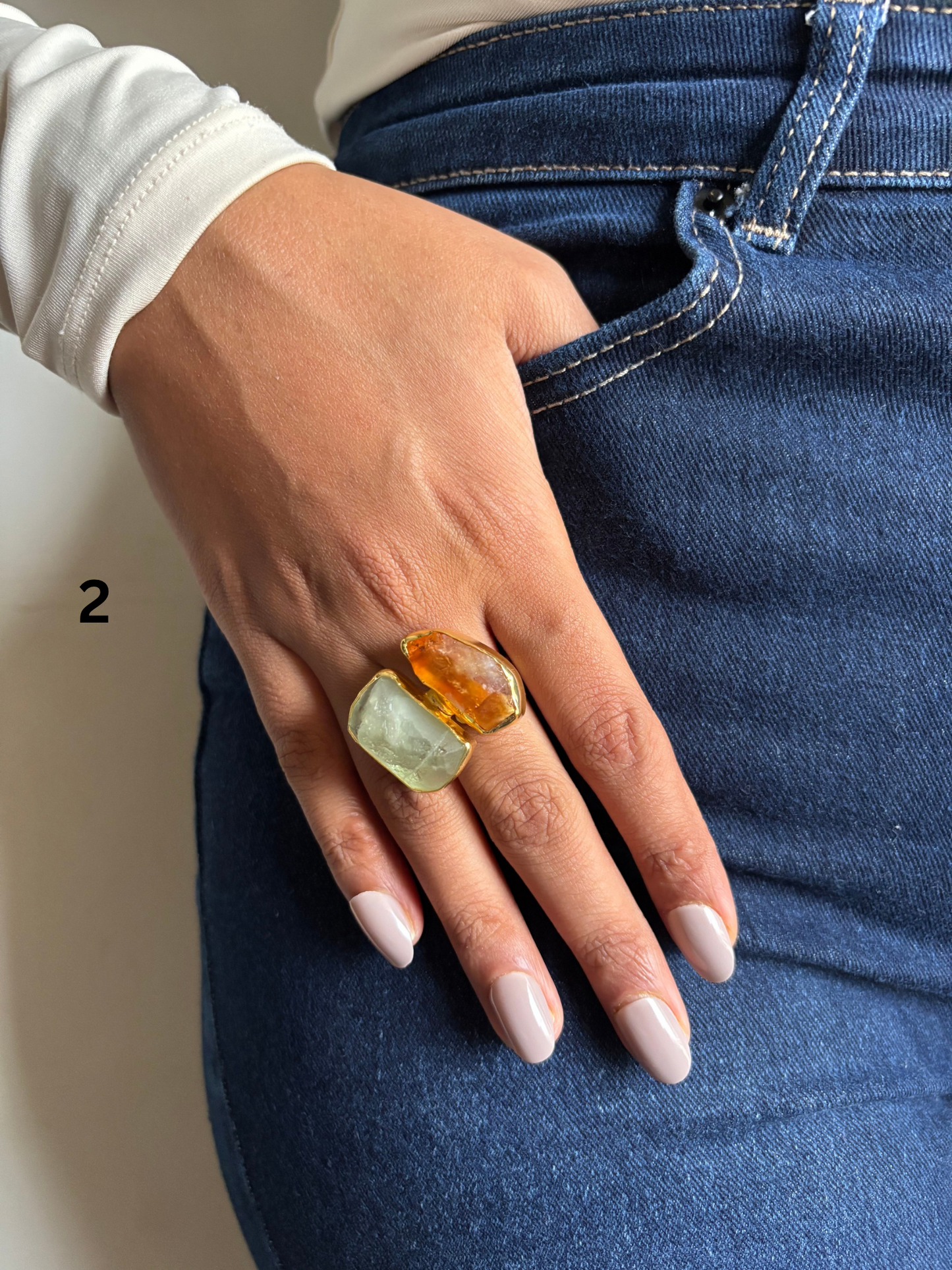 Duo Natural Stone Adjustable Ring - Brass