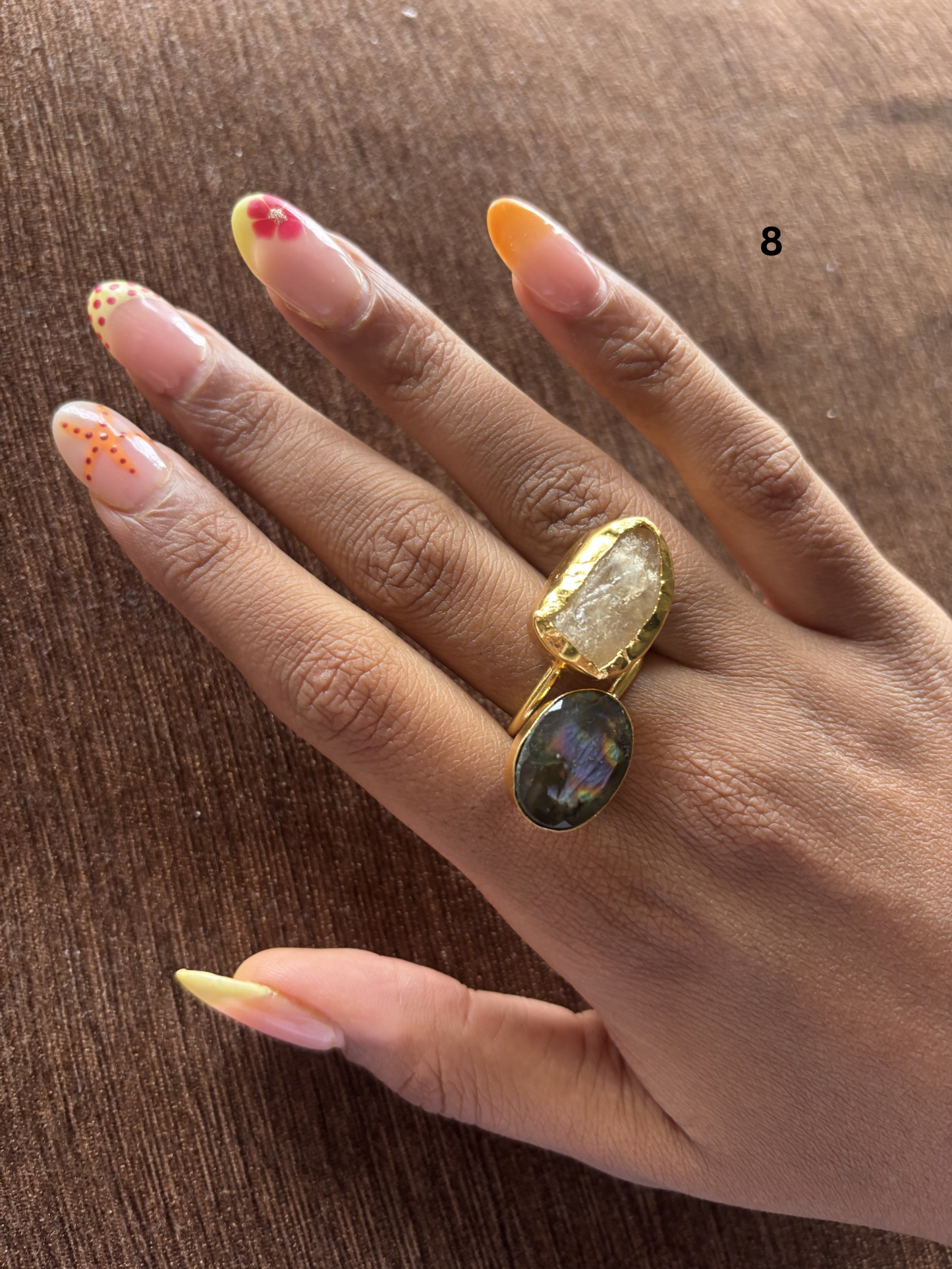 Mix Color Duo Natural Stone Adjustable Ring - Brass