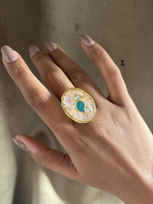 Fusion Studded Natural Stone Adjustable Ring- Brass