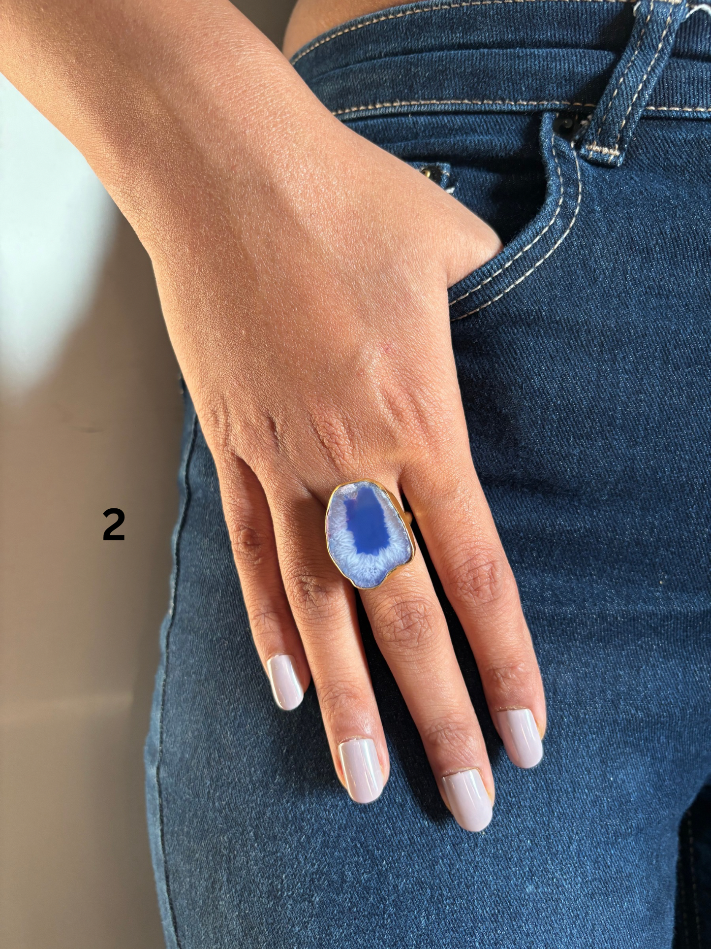 Blue Agate Natural Stone Adjustable Ring - Brass