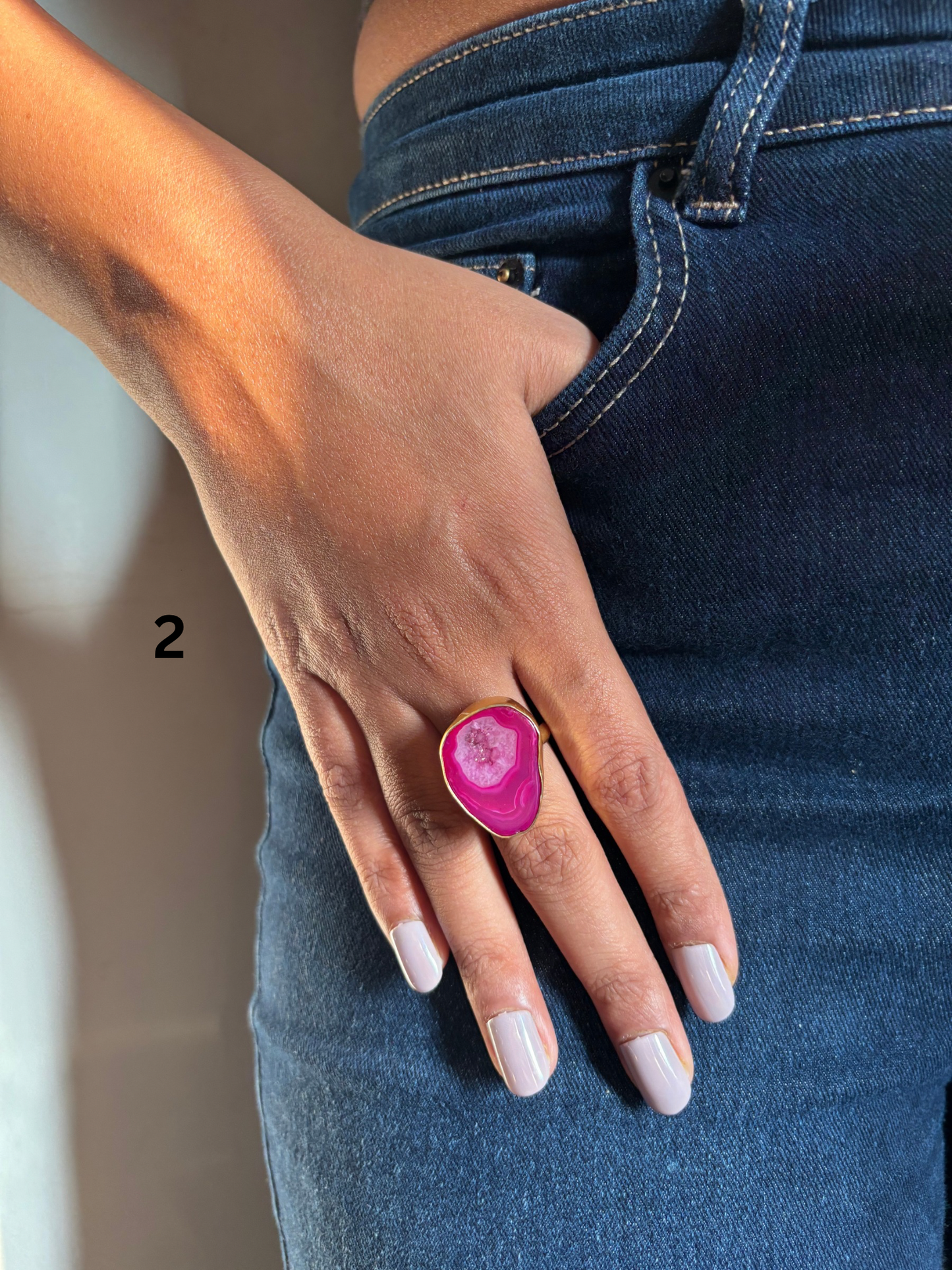 Mix Color Agate Adjustable Ring- Brass