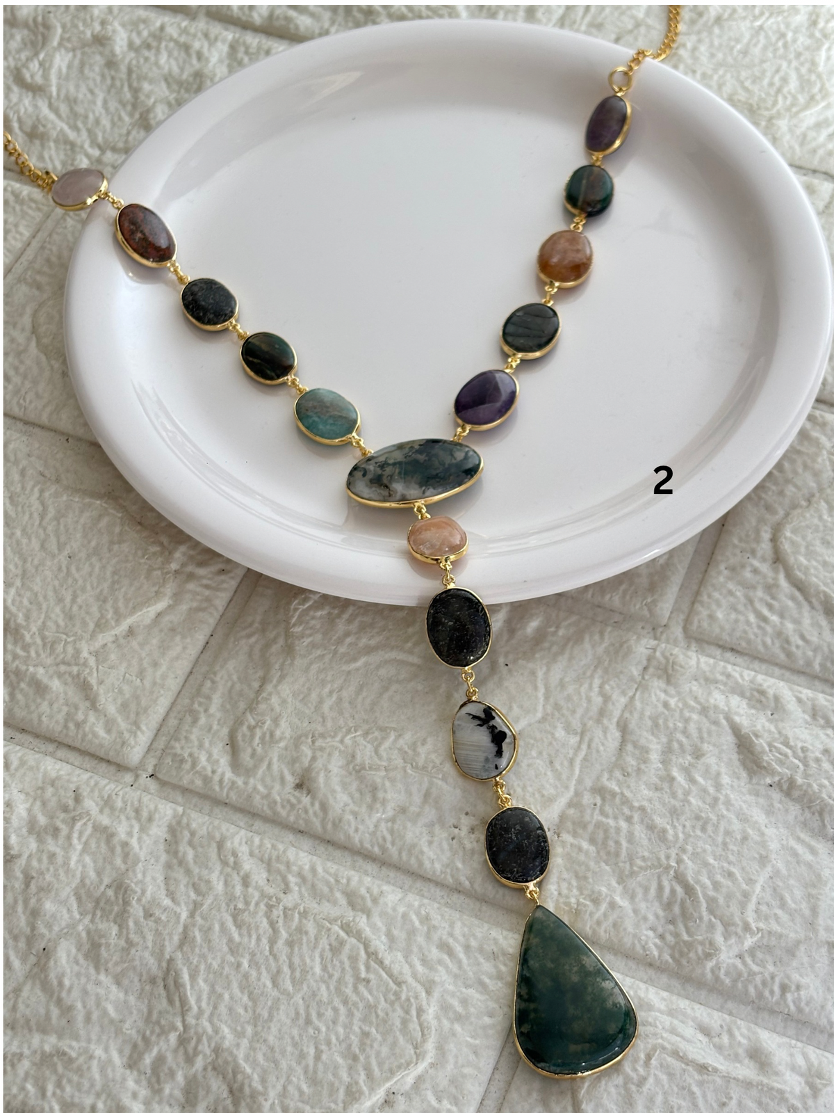 Veronica Natural Stone Y Necklace Brass