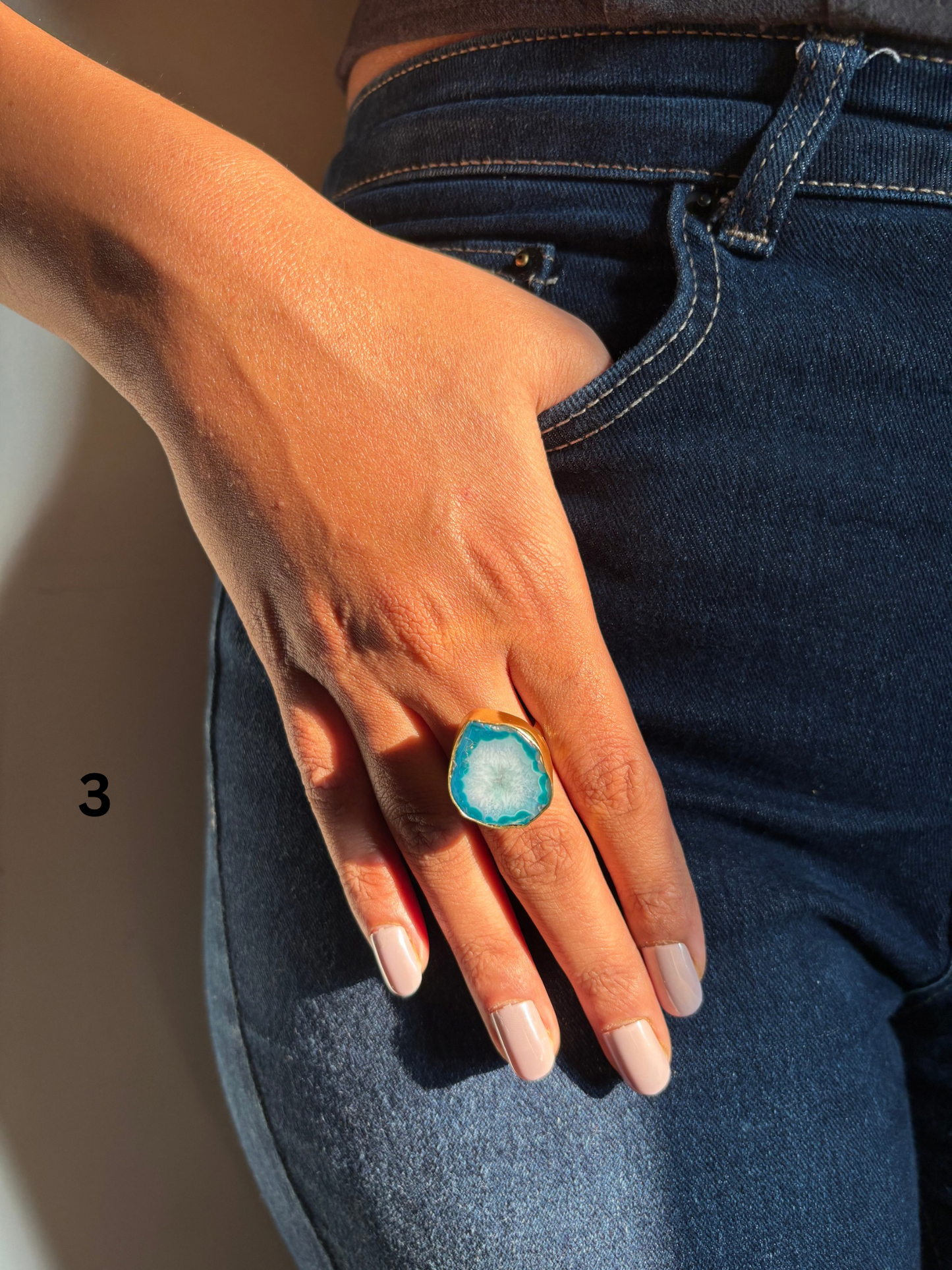 Turquoise Agate Natural Stone Ring - Adjustable Brass