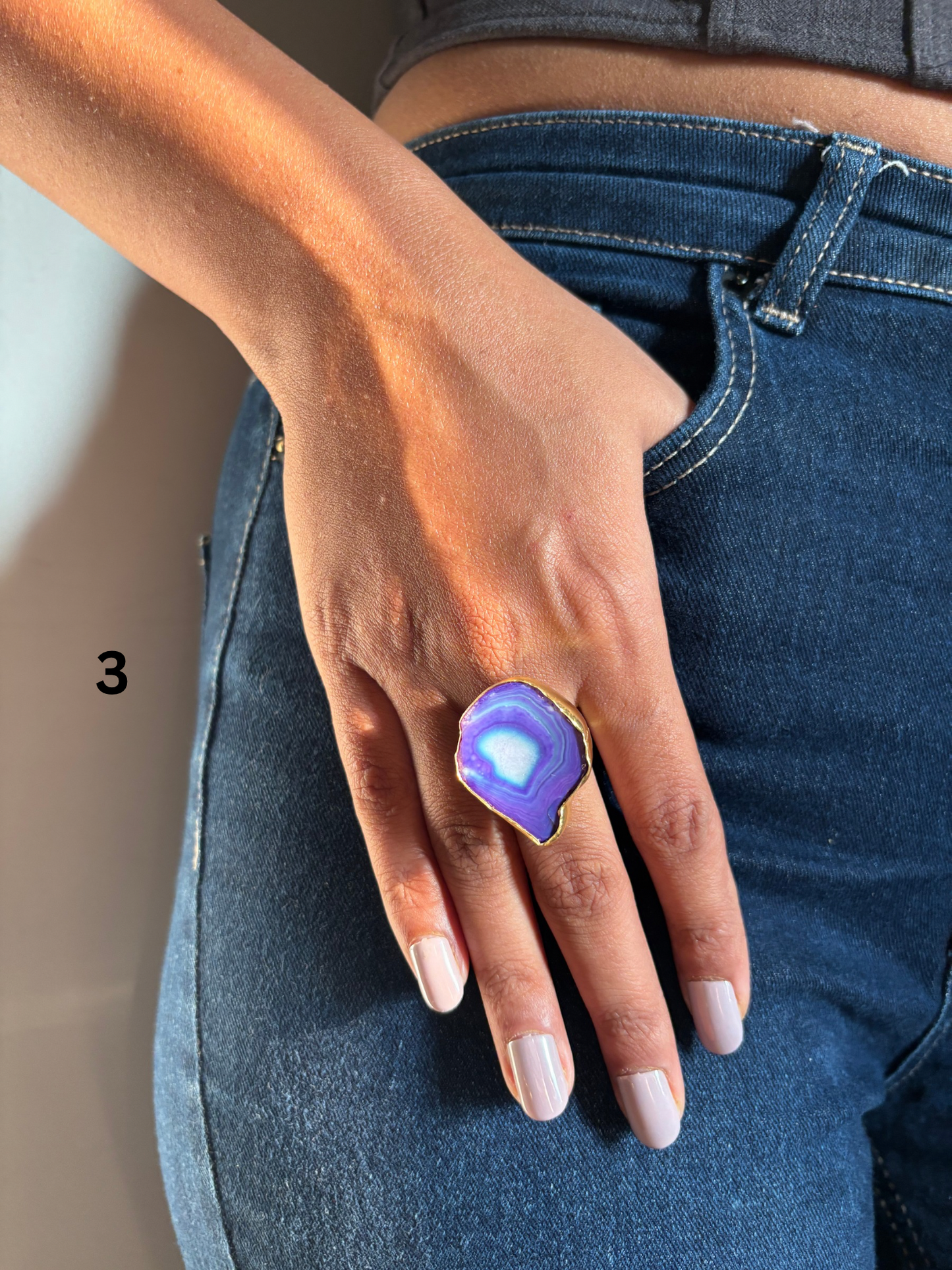 Blue Agate Natural Stone Adjustable Ring - Brass