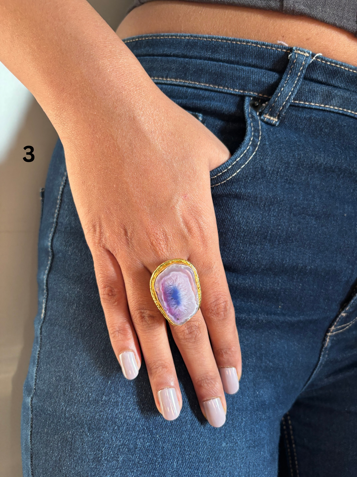 Mix Color Agate Adjustable Ring- Brass