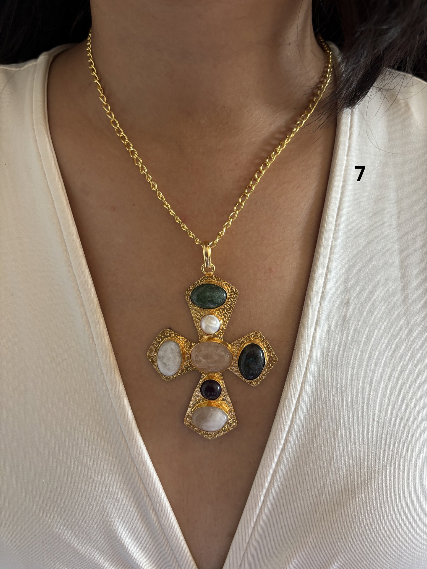 Cross Natural Stone Necklace- Brass