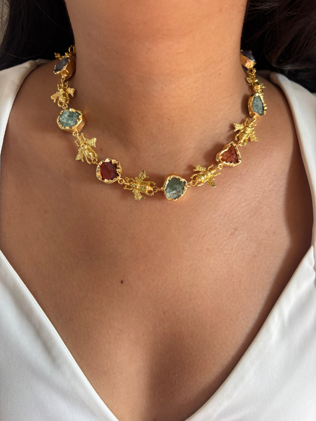 Buzz Bee Natural Stone Necklace - Brass