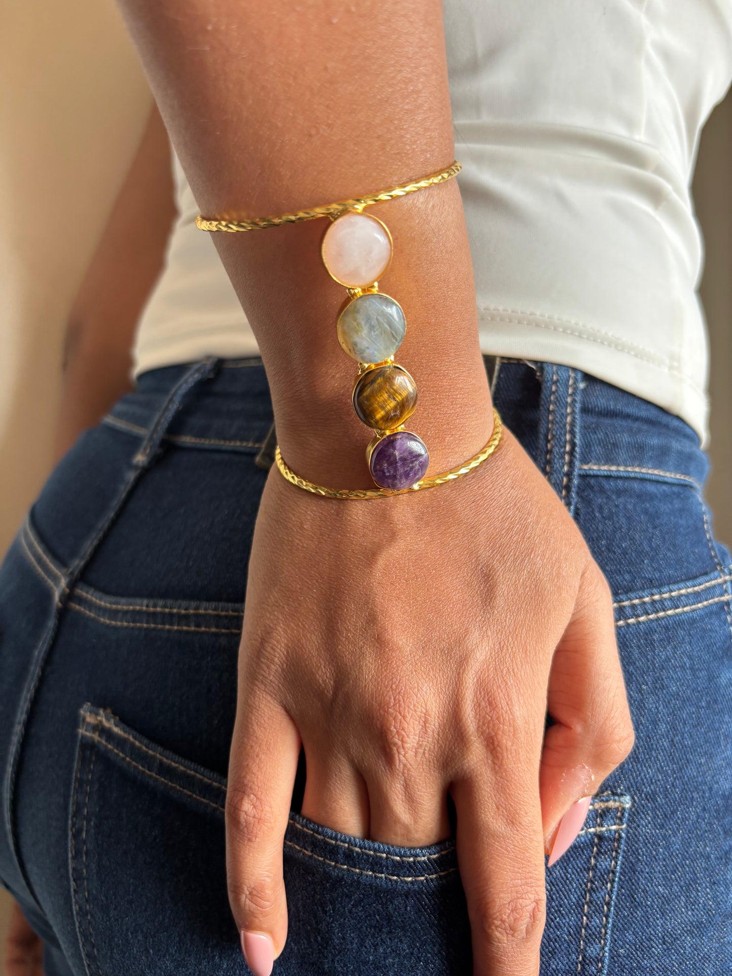 Earthy Multi-color stone Adjustable Cuff- Brass