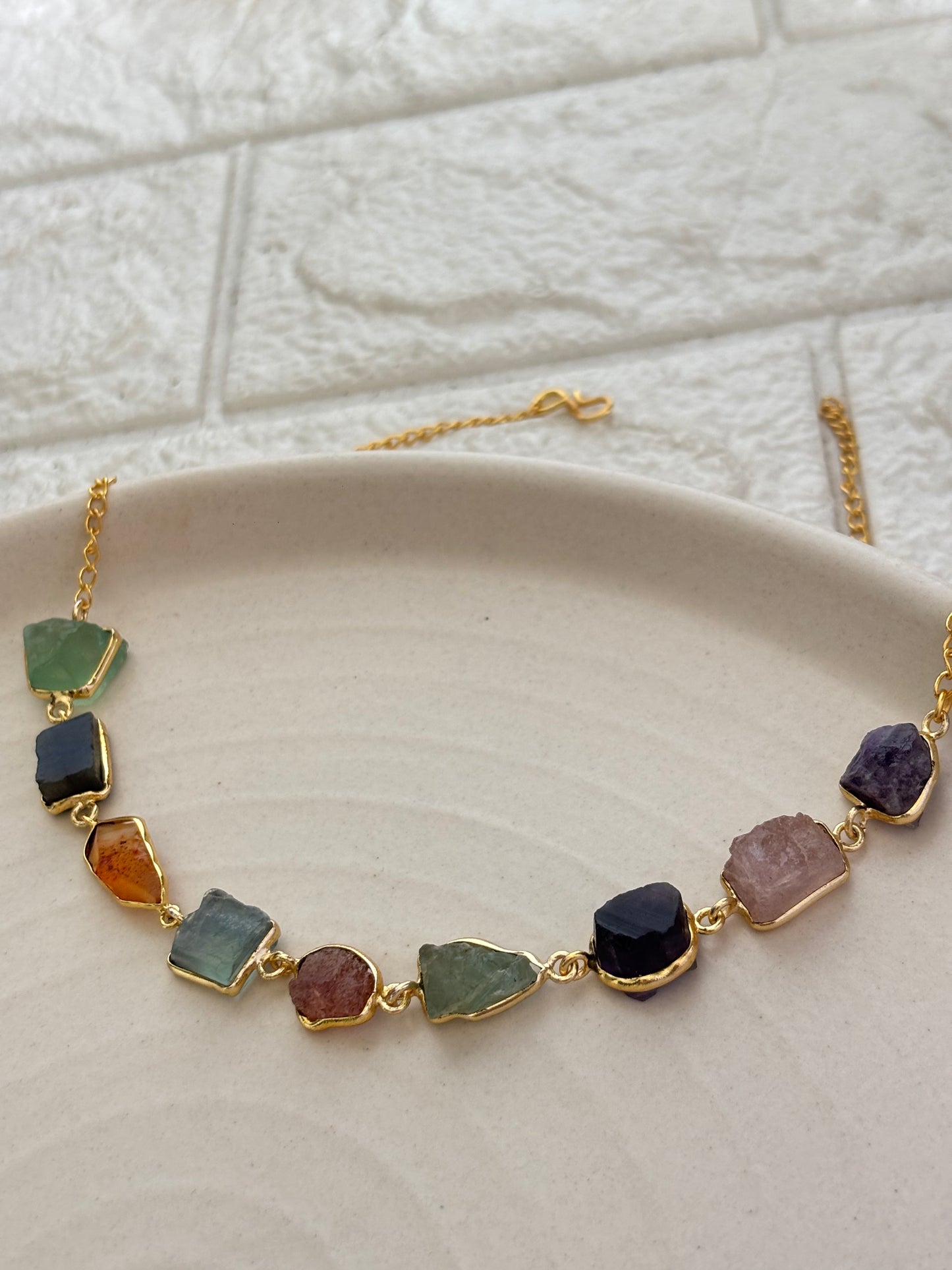 Sleek multi-color natural stone choker- Brass