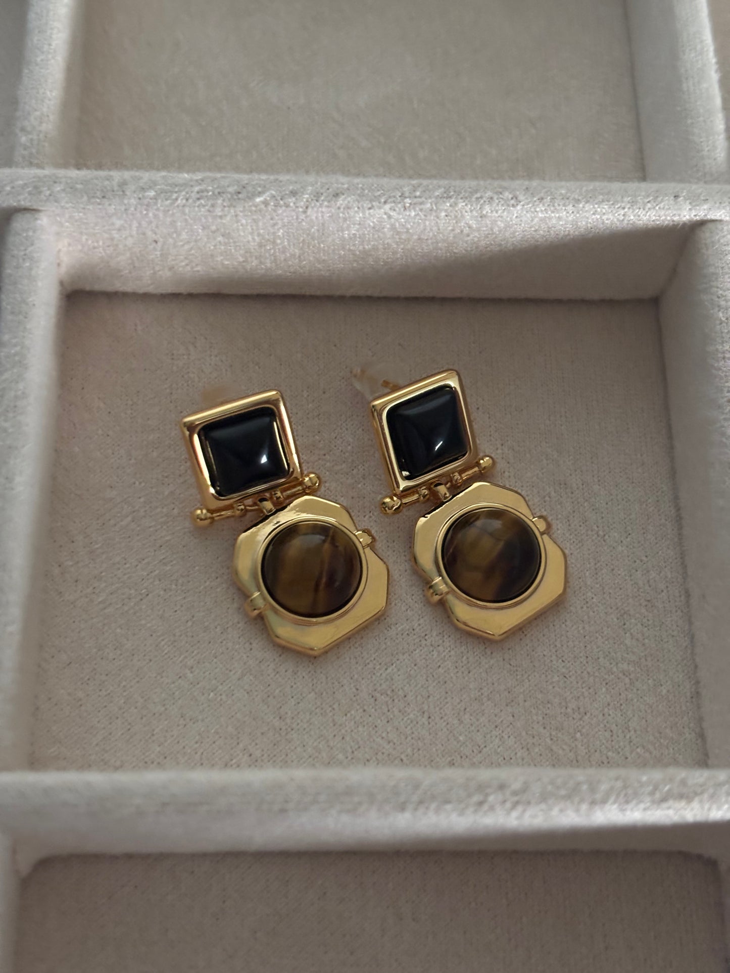 Vintage Tiger Eye Earring- Brass