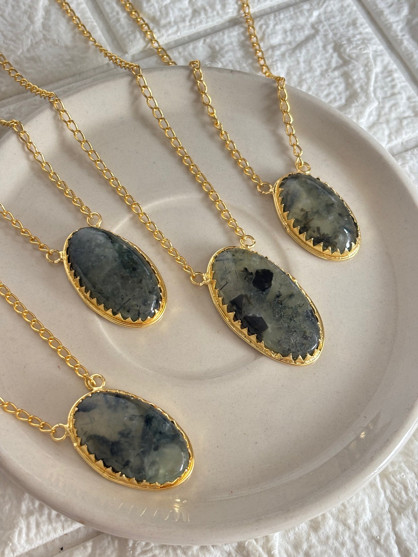 Prehnite Pendant Necklace - Brass