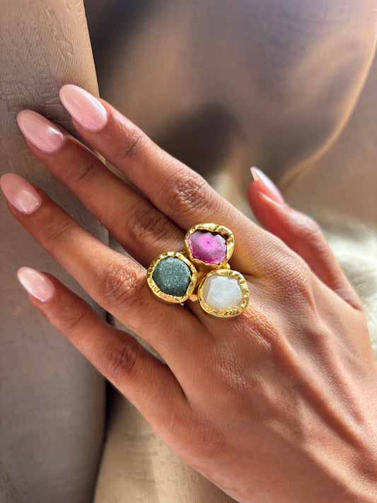 Trio Colored Handcrafted Natural Stone Ring - Brass