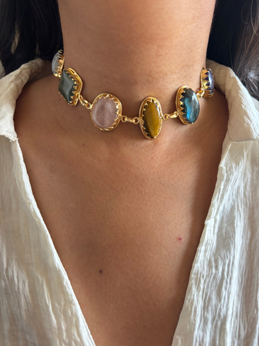 Renne Multi-color Natural stone Choker- Brass