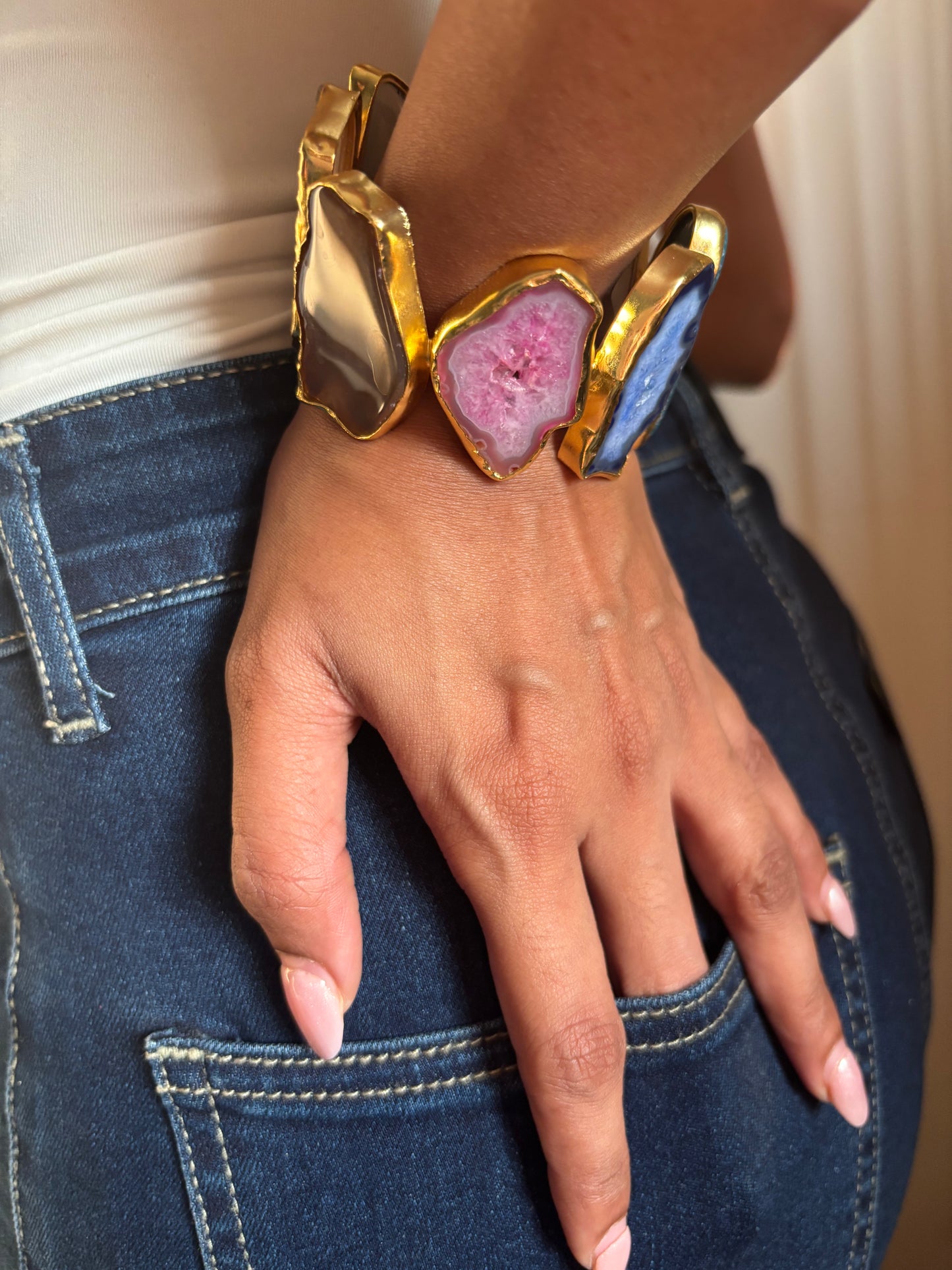 Multi-color Agate Adjustable Cuff Brass