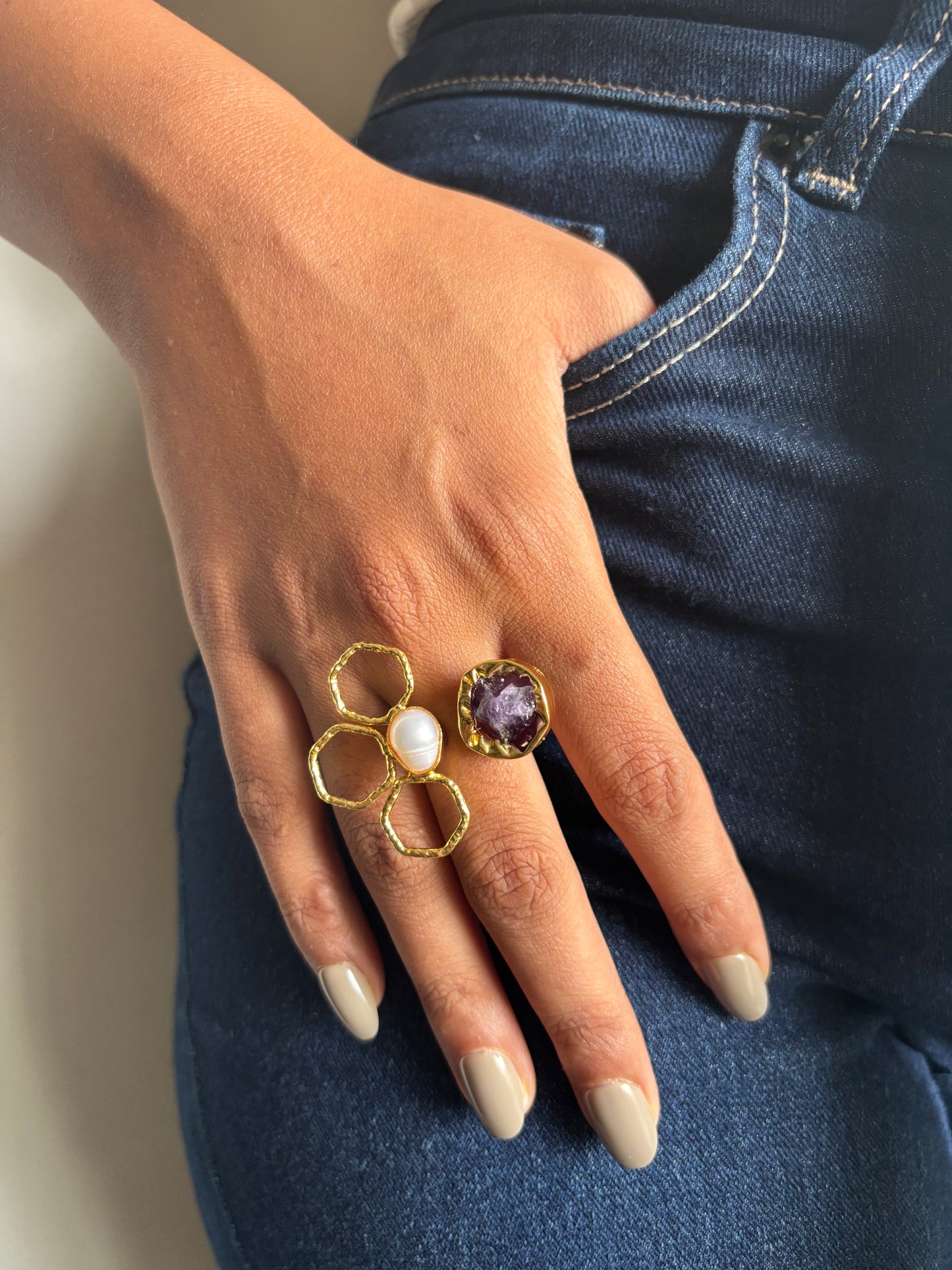 Flora Natural Stone Adjustable Ring -Brass