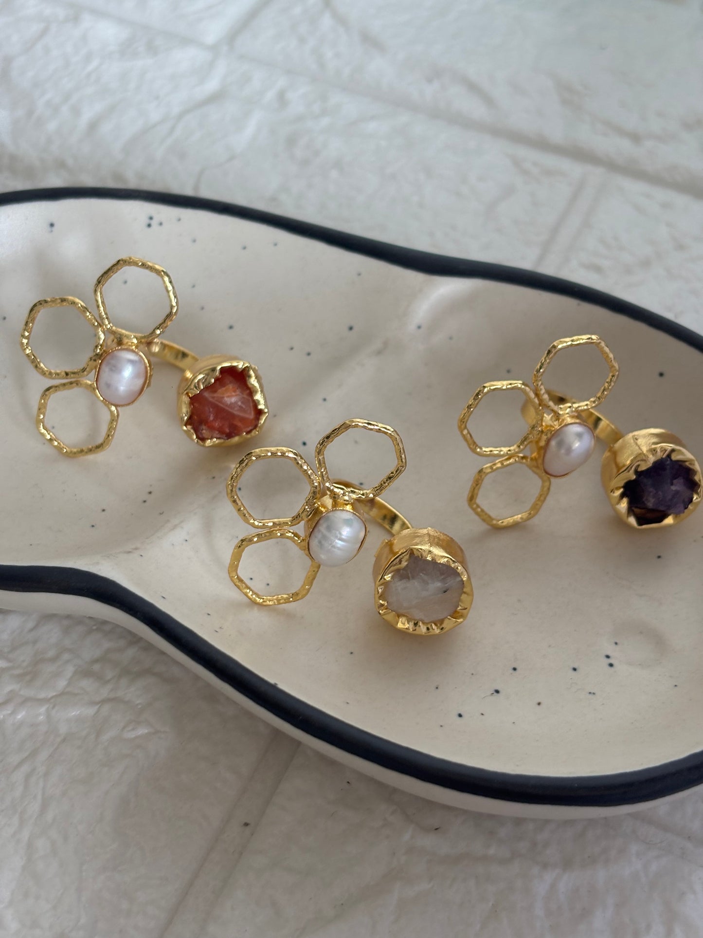 Flora Natural Stone Adjustable Ring -Brass