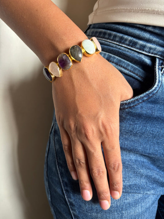 Trail Multicolor Natural Stone Adjustable Cuff- Brass