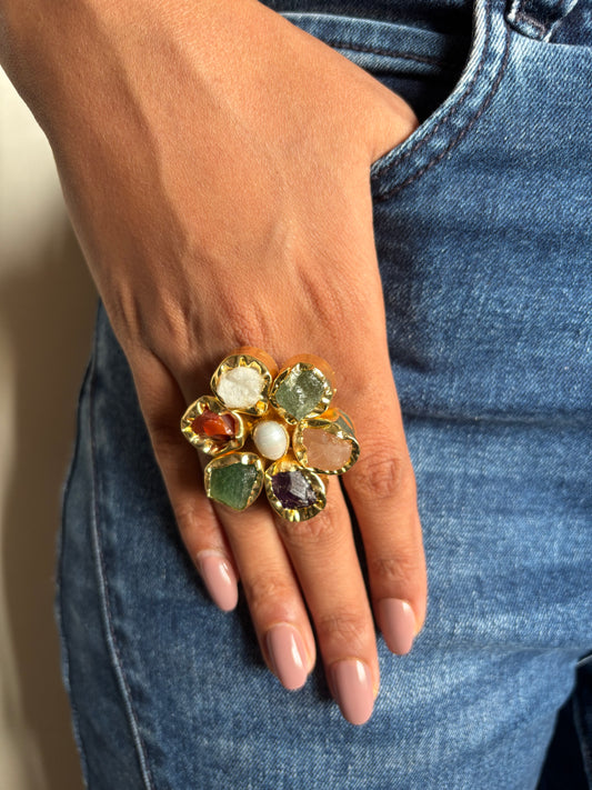 Juniper Natural Stone Adjustable Ring - Brass