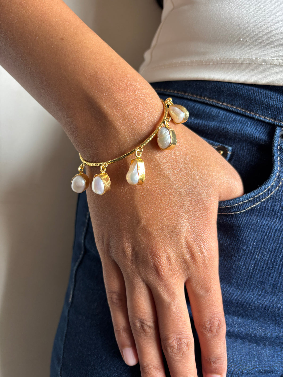 Pearl Charm Adjustable Cuff-Brass