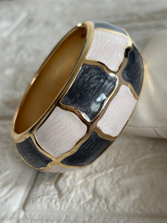 Chunky Checkmate Grey Bangle -Brass