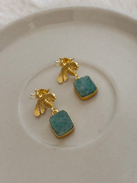 Bee Natural Stone Earrings- Brass