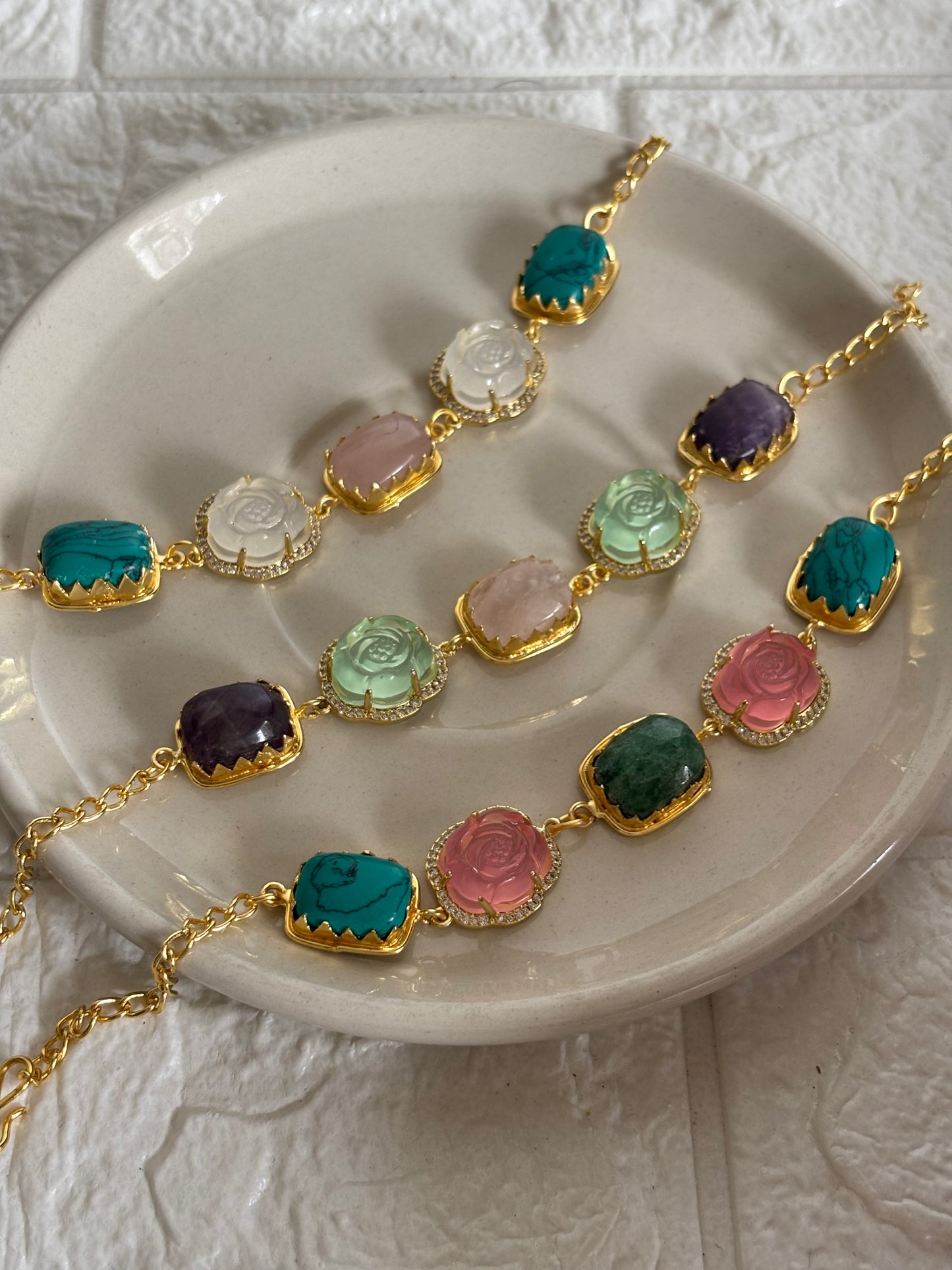 Rosette Natural Stone Bracelet - Brass