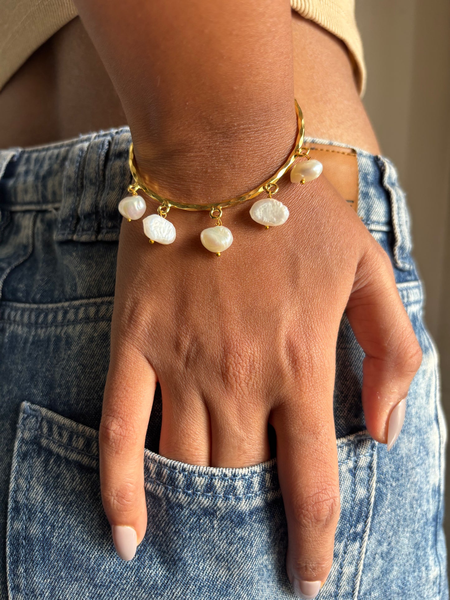 Pearl Charm Adjustable Cuff-Brass