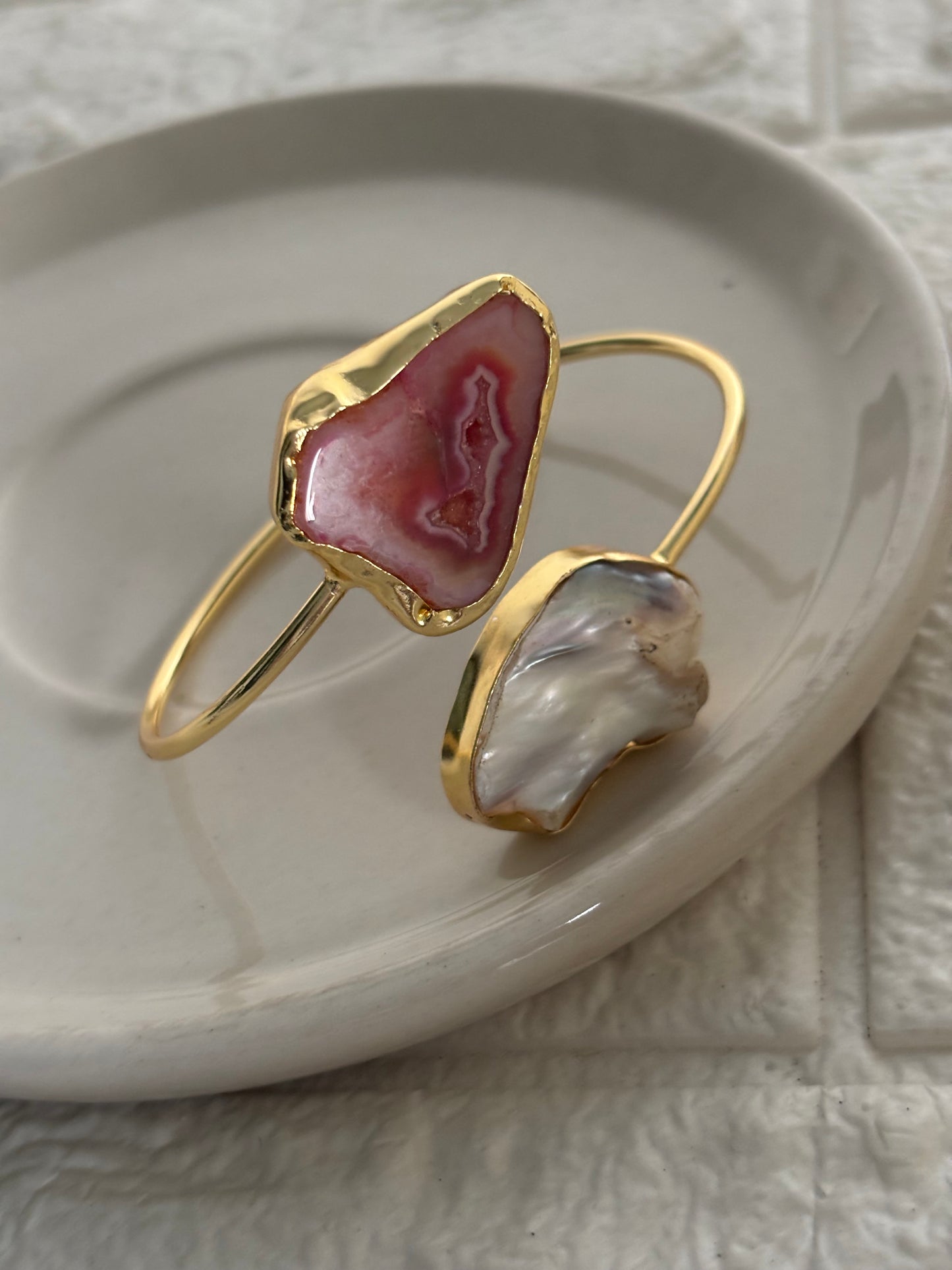 Baroque Geode Natural Stone Adjustable Cuff- Brass