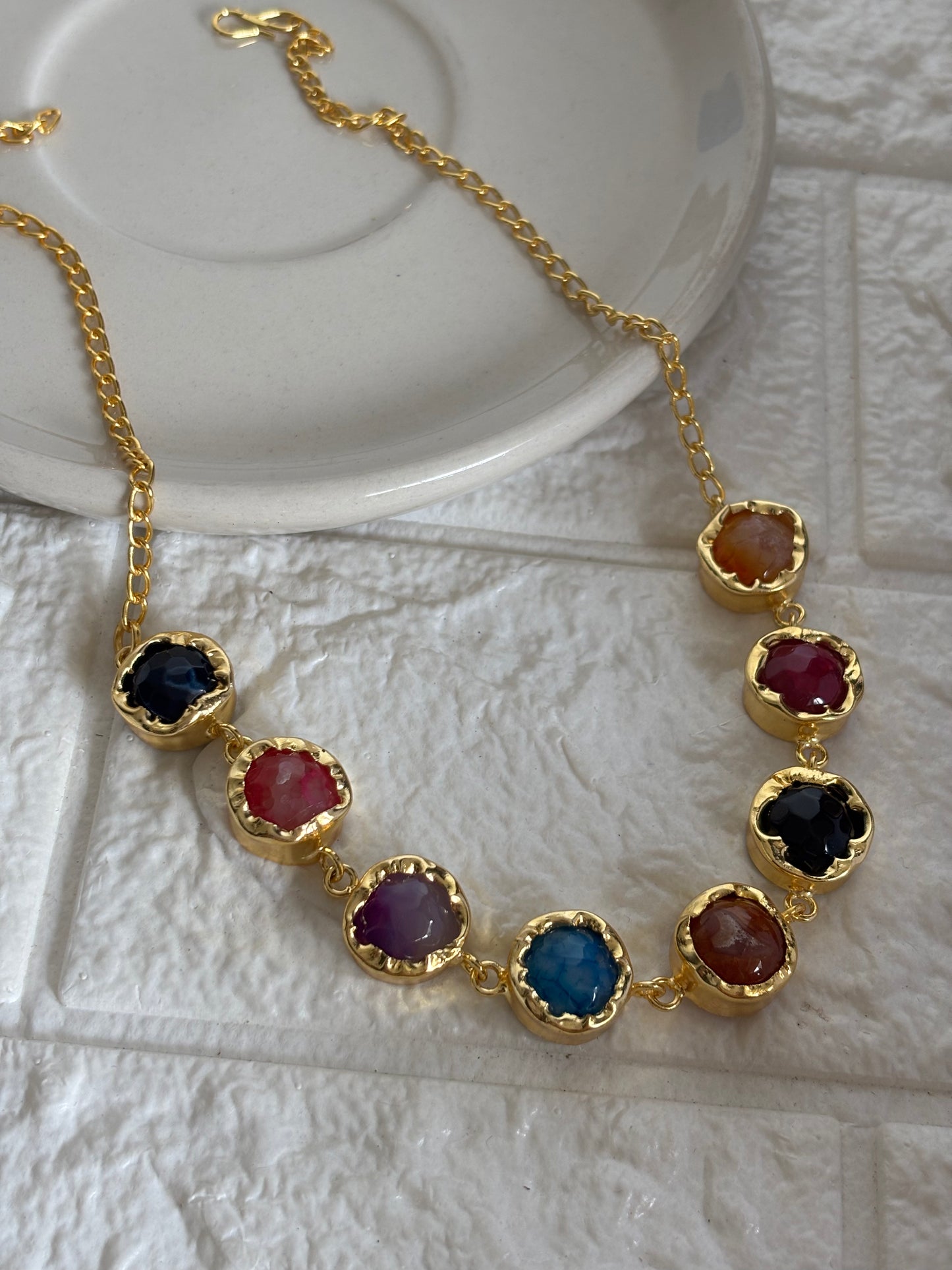 Pop Multi-color natural Stone Choker- Brass