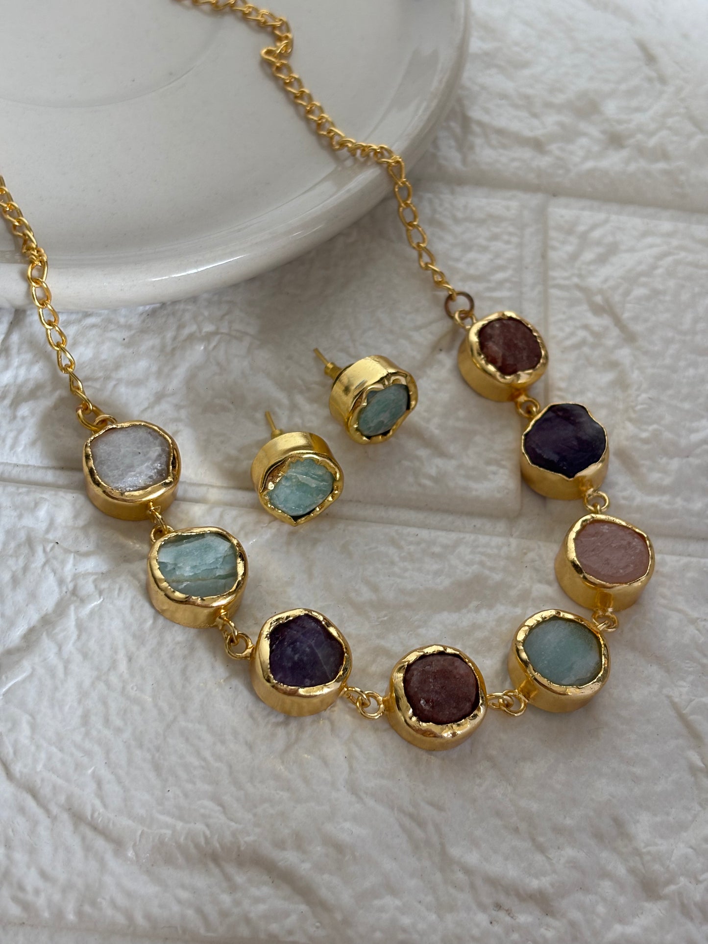 Multi-color Natural Stone Choker Set -Brass
