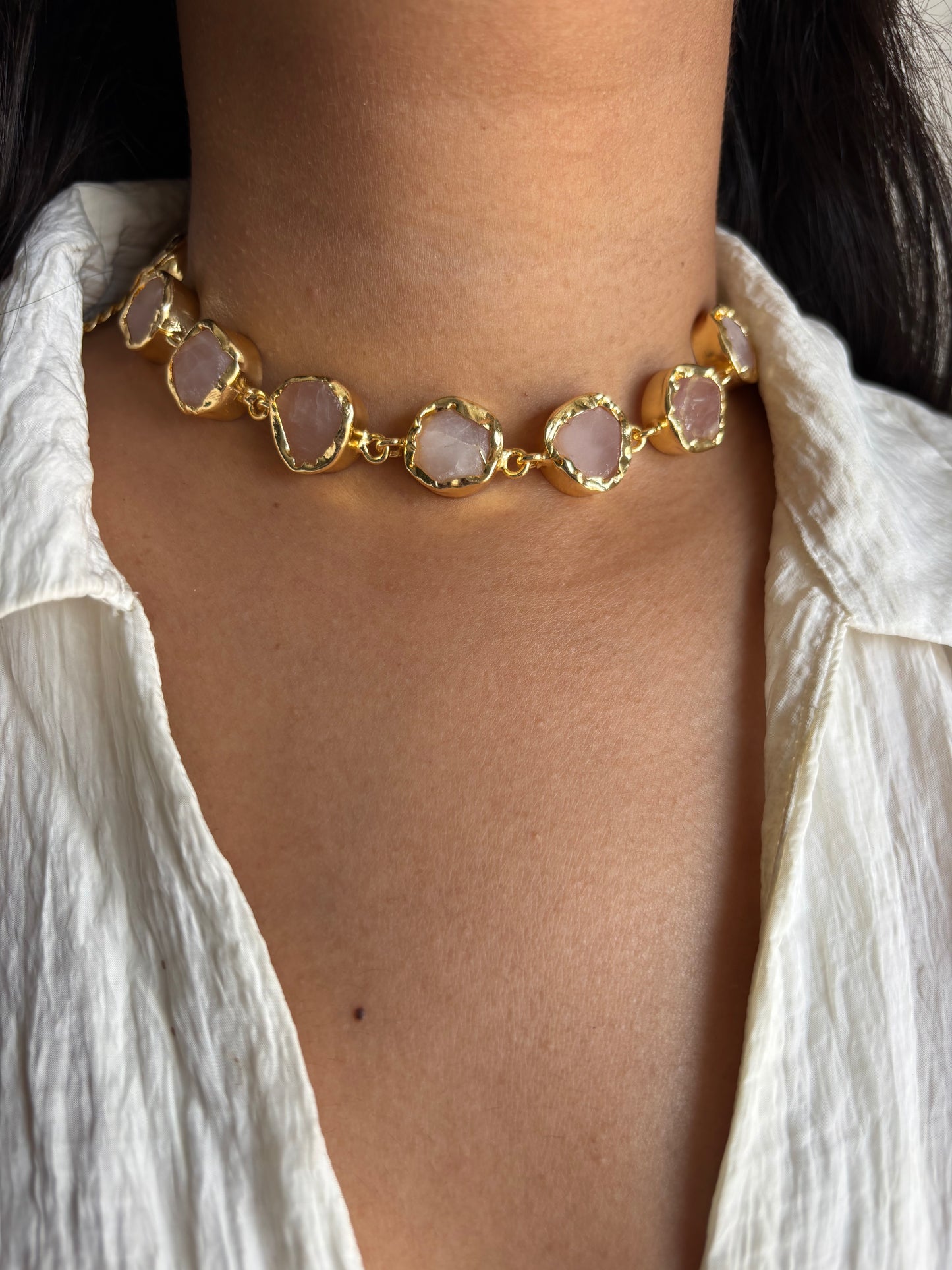Rose Quartz Choker Set - Brass