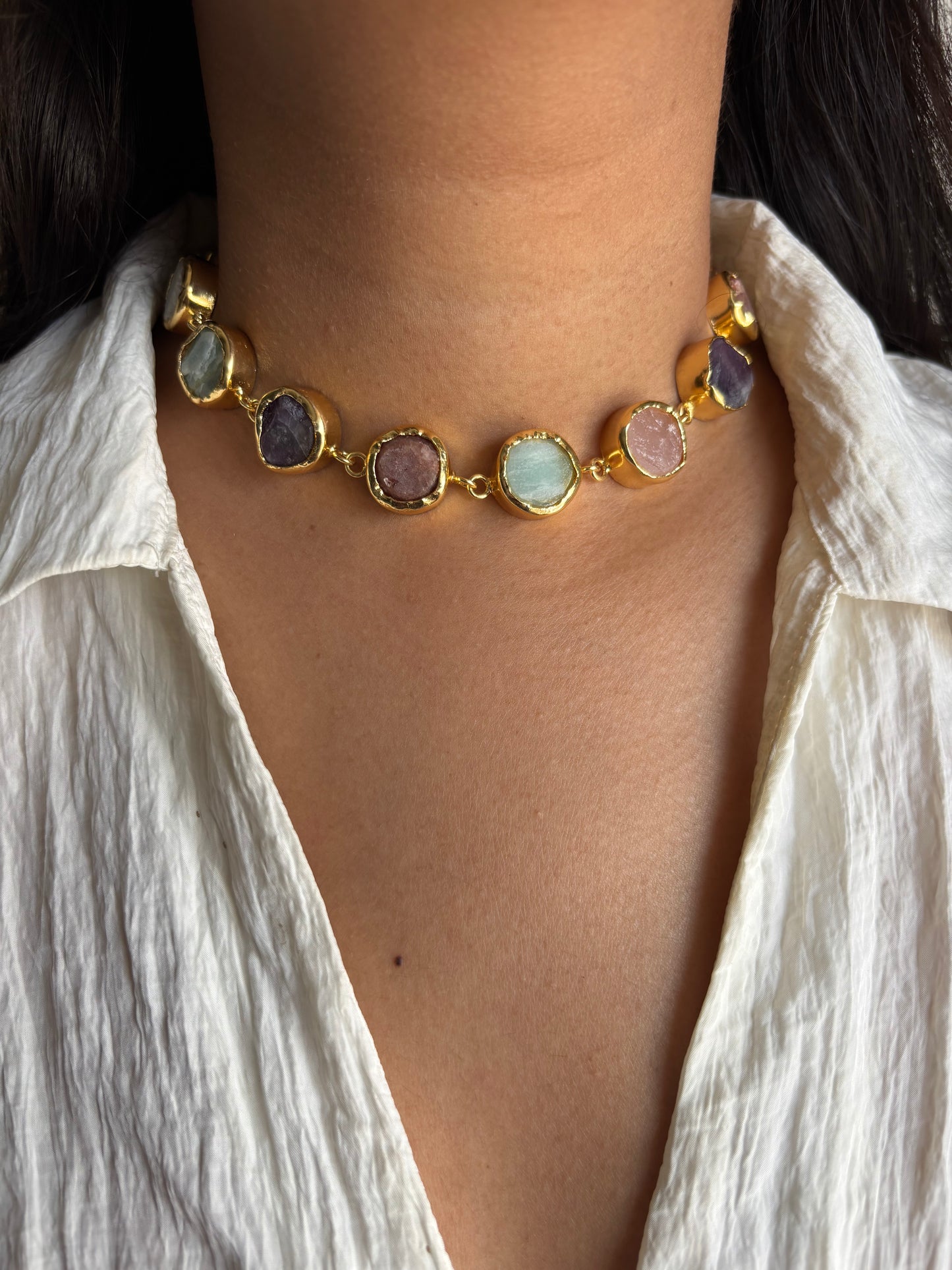 Multi-color Natural Stone Choker Set -Brass