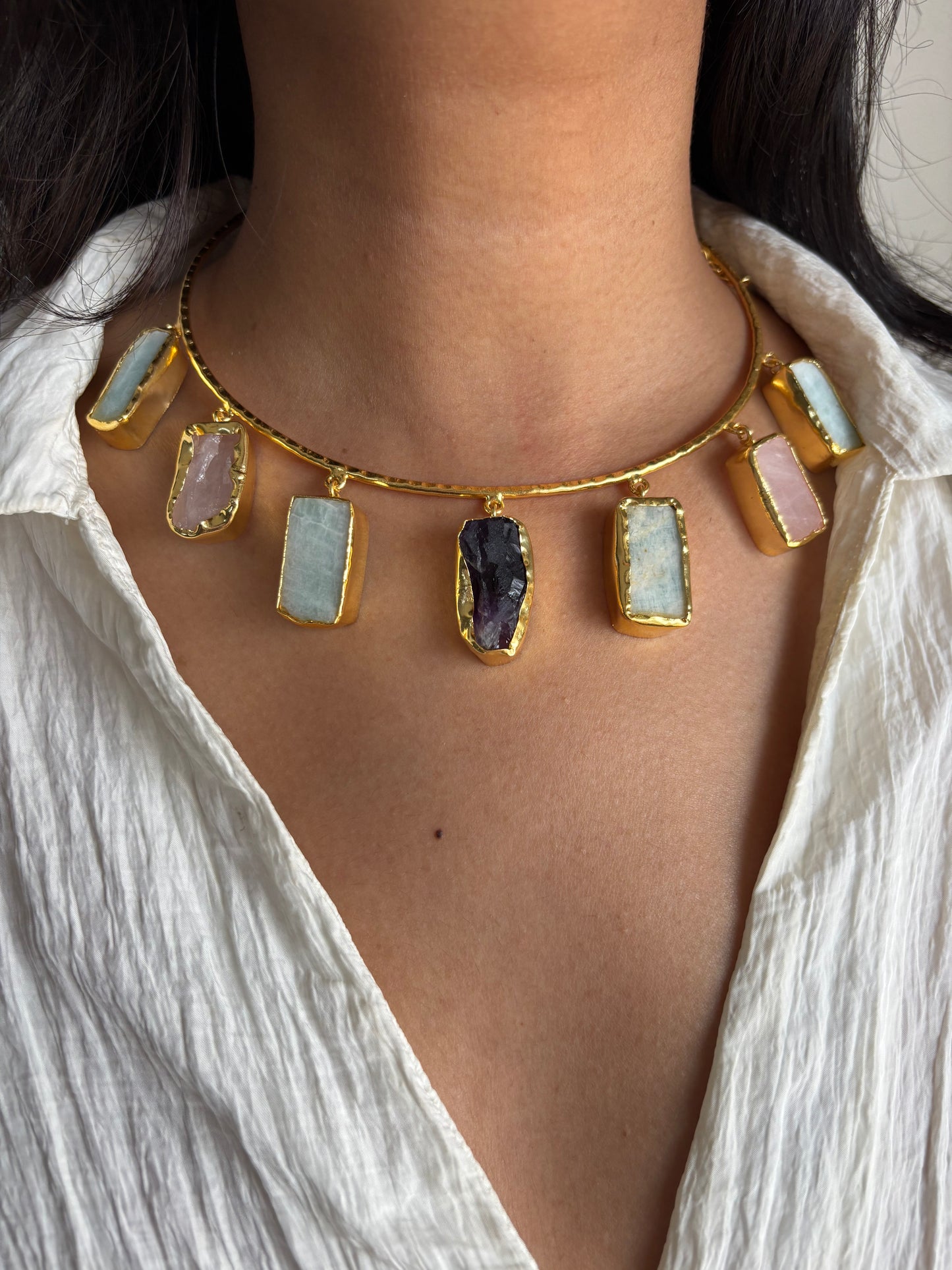 Multi-color 7 stone hasli choker- Brass