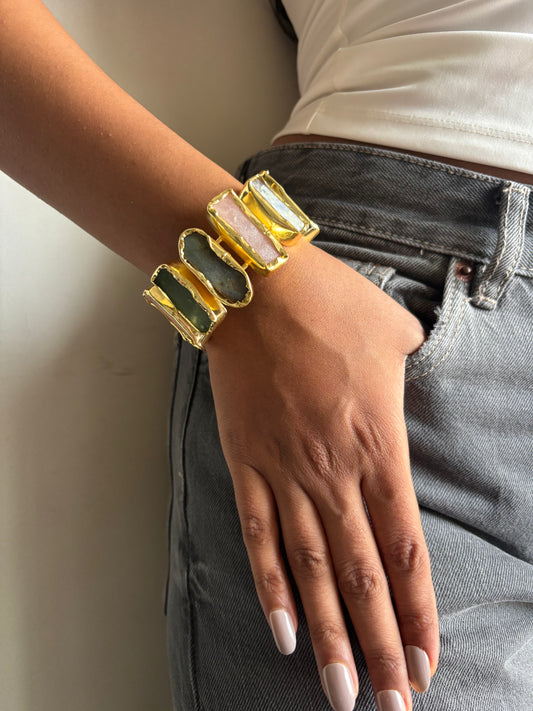 Multicolor Natural Stone Adjustable Cuff - Brass