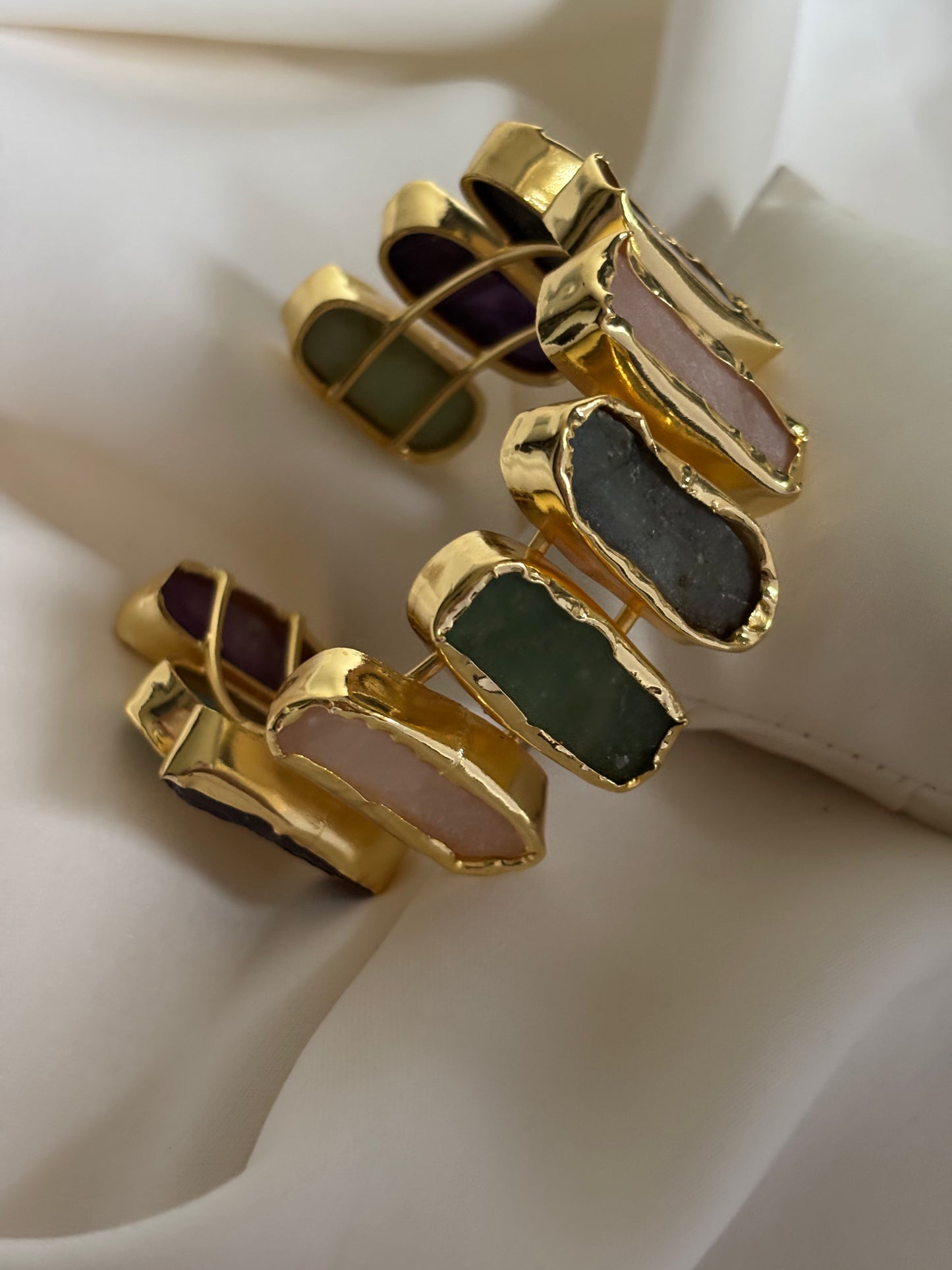 Multicolor Natural Stone Adjustable Cuff - Brass