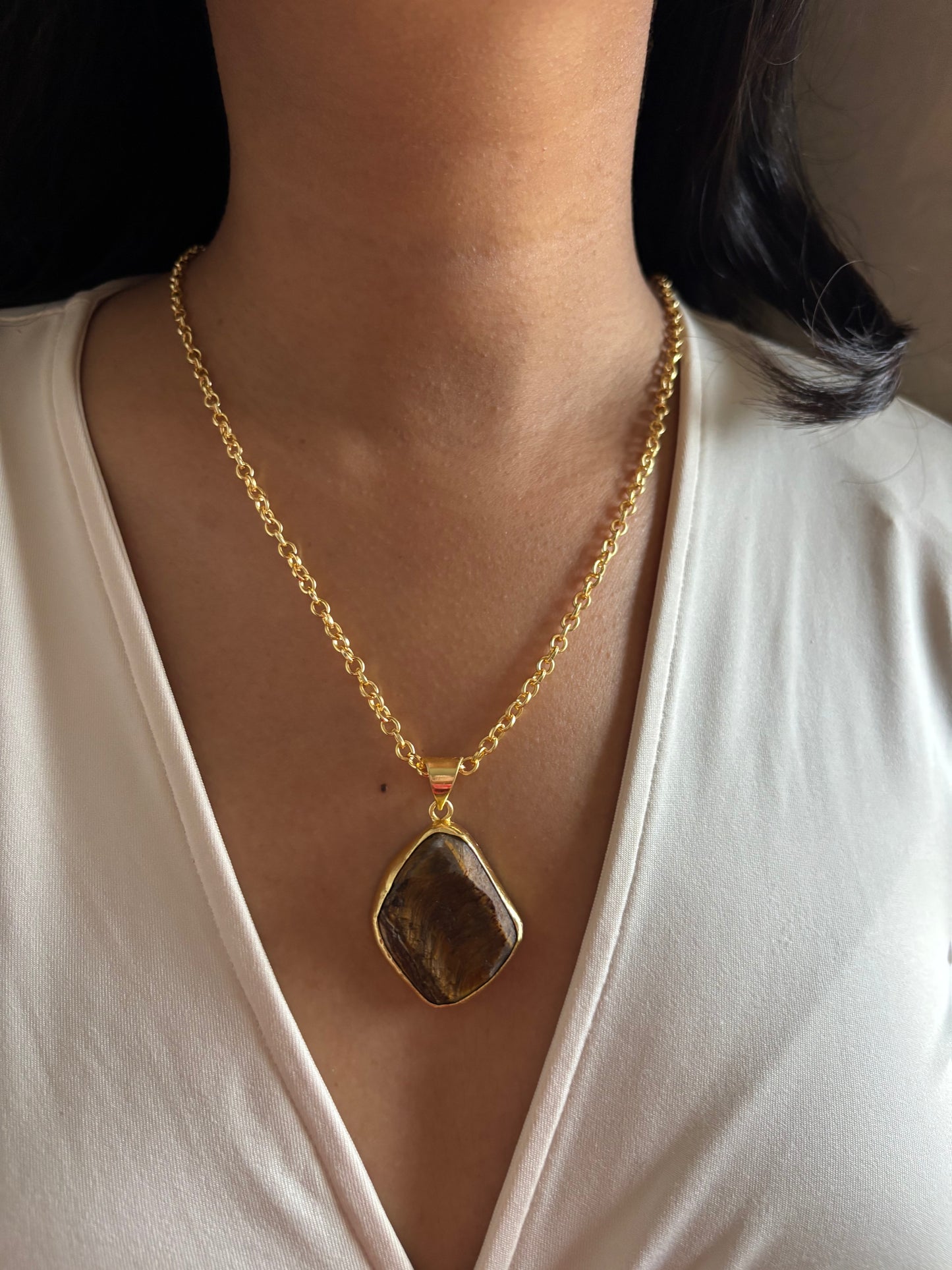 Natural Stone Necklace- Brass