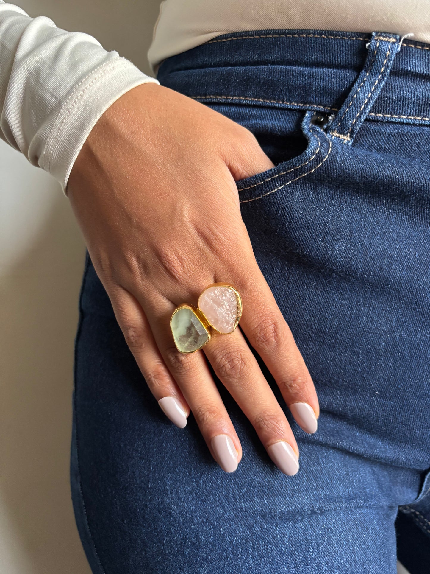 Blush Natural Stone Adjustable Ring - Brass
