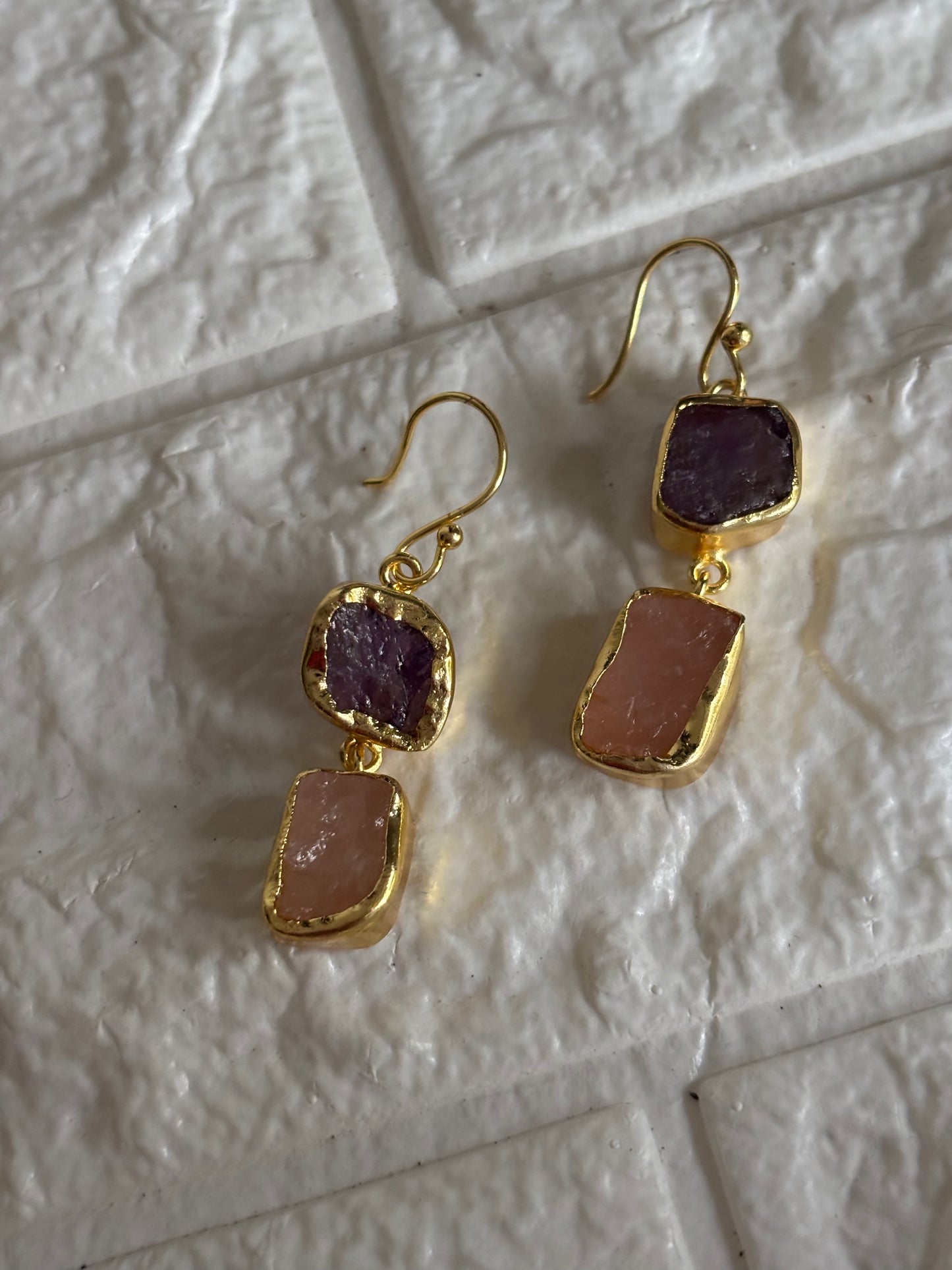 Duo Natural Stone Danglers- Brass
