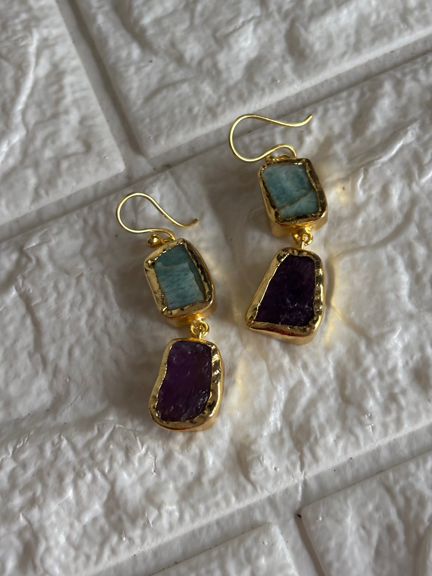 Duo Natural Stone Danglers- Brass