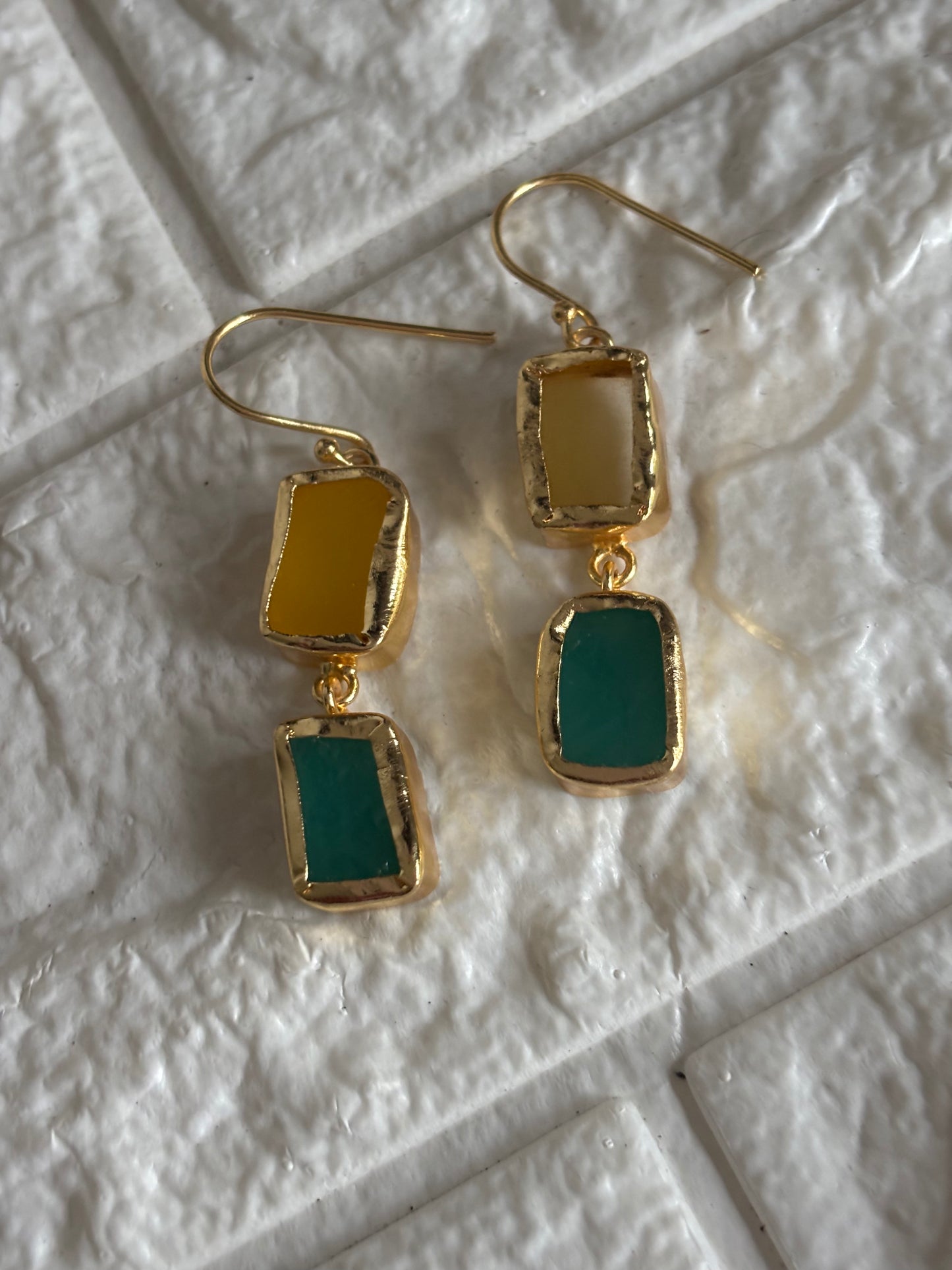 Duo Natural Stone Danglers- Brass