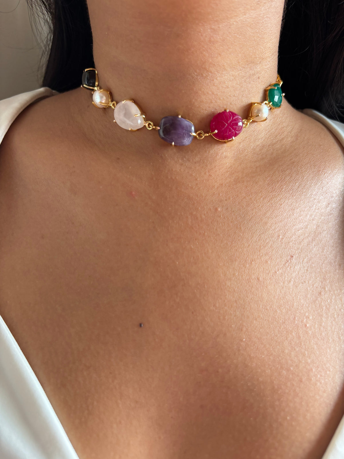 Rosy Natural Stone Choker- Brass