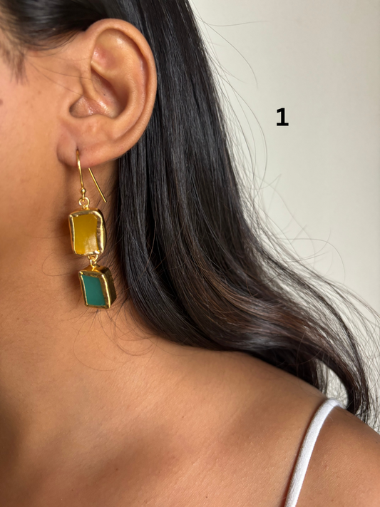 Duo Natural Stone Danglers- Brass