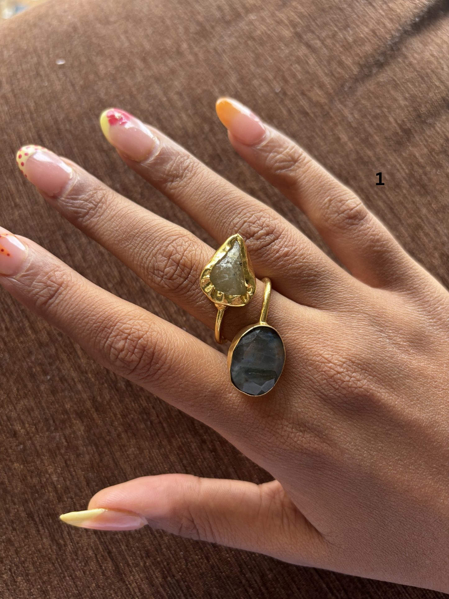 Mix Color Duo Natural Stone Adjustable Ring - Brass