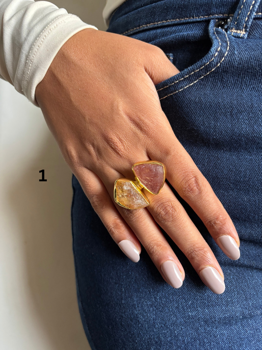 Duo Natural Stone Adjustable Ring - Brass