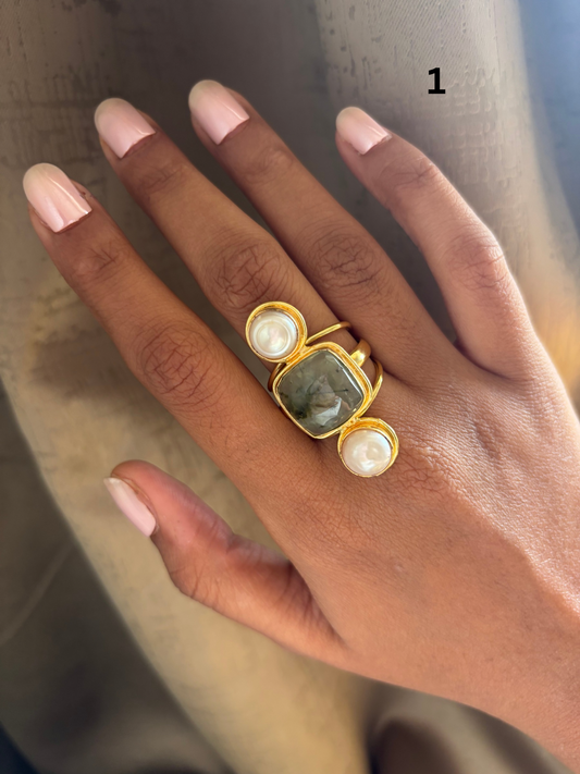 Charles Trio Natural Stone Adjustable Ring- Brass
