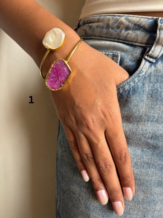 Baroque Geode Natural Stone Adjustable Cuff- Brass