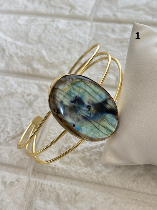 Hazel Natural Stone Adjustable Cuff -Brass
